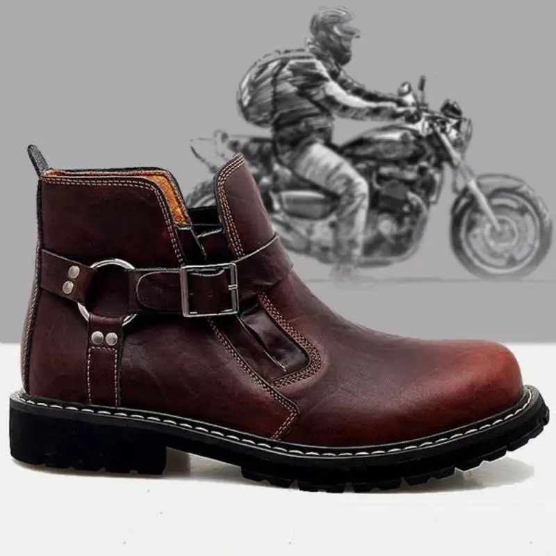 Men Vintage Cowboy Motorcycle Ankle Boots Cow Leather Belt Buckle Fashion High Quality Chelsea Work Safety Shoes Botas De Hombre