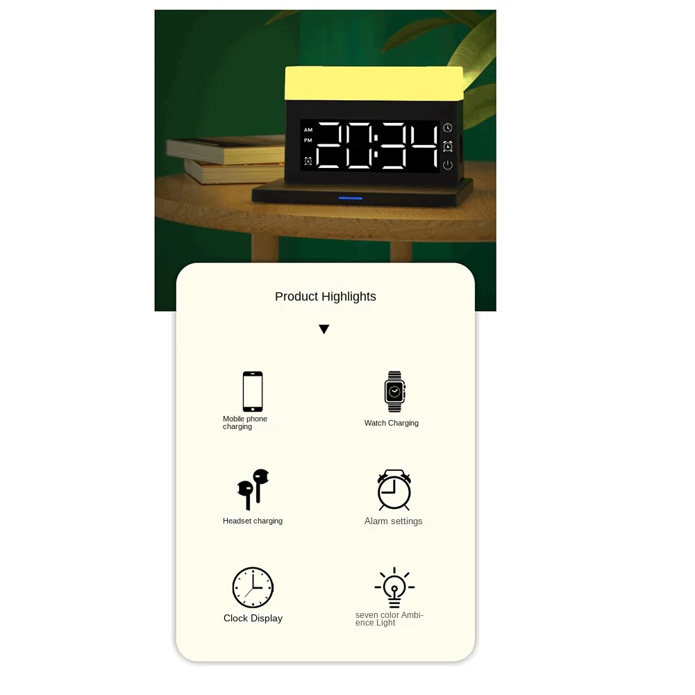 

15W 4In1 Qi Fast Wireless Charger Stand for IPhone 13 12 11 XR LED Light Lamp with Alarm Clock for AirPods IWatch Black