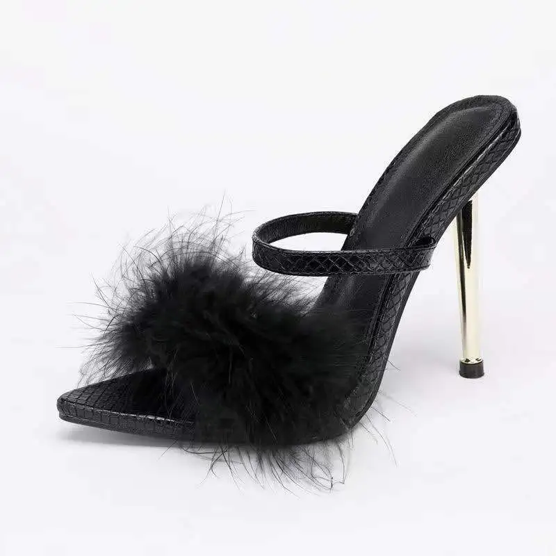 2022 New Summer Sexy Pointed Toe Fluffy Slippers Ladies Sandals Fashion Design Stiletto Heels Women Mules Shoes Fur Slides