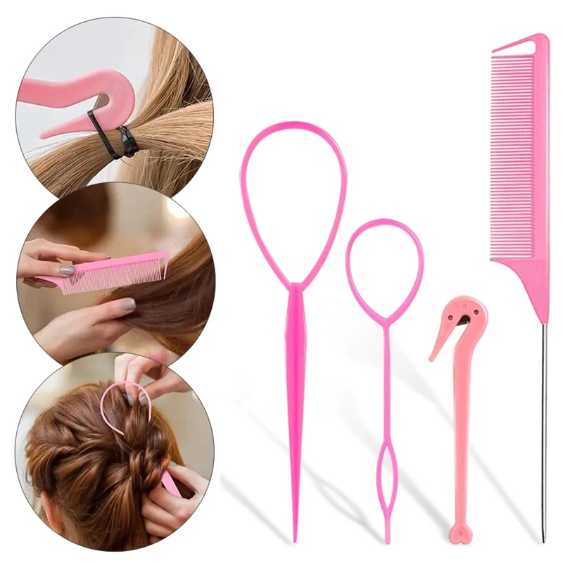 

4pcs/3pcs French Braid Tool Loop Elastic Hair Bands Remover Cutter Rat Tail Comb Metal Pin Tail Braiding Combs Hair Styling Tool