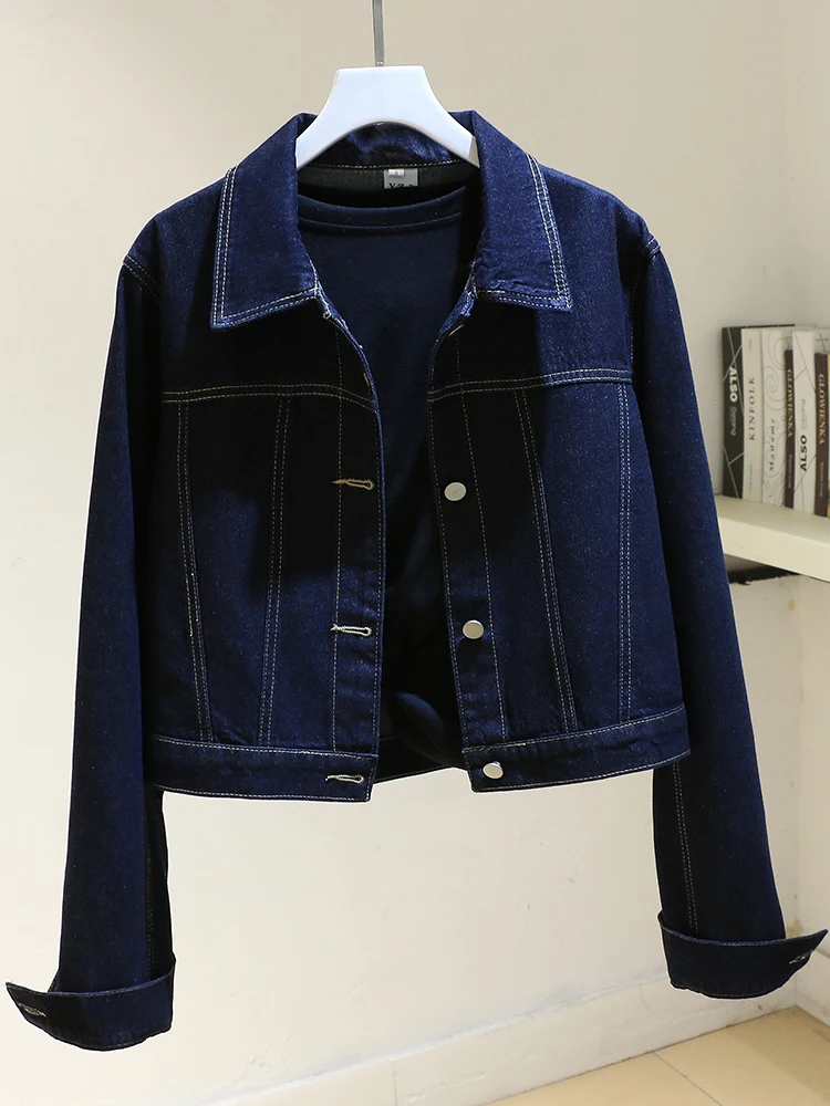 Женская джинсовая куртка темно-синяя короткая из денима в стиле ретро осень 2024