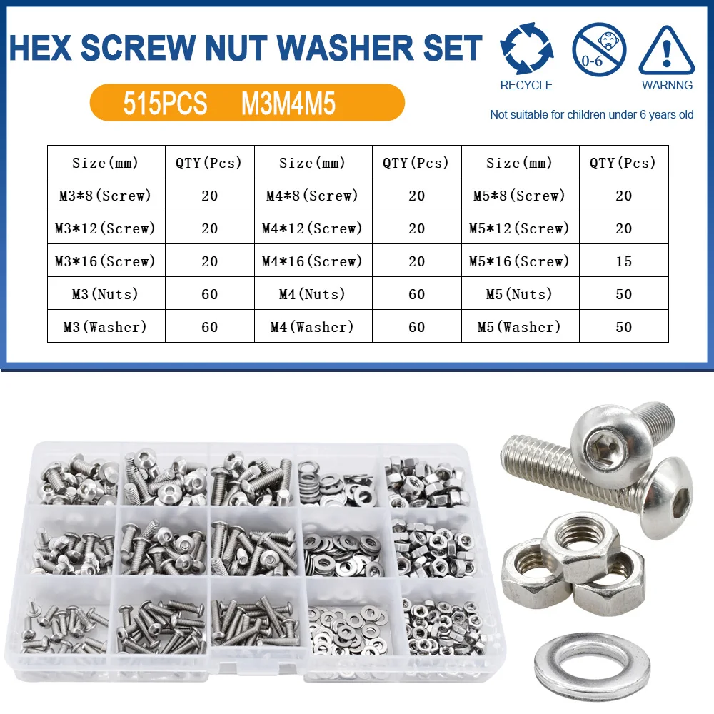 

304 Набор шестигранных винтов из нержавеющей стали с метрической резьбой, гайки с коробкой M2 M3 M4 M5 M6