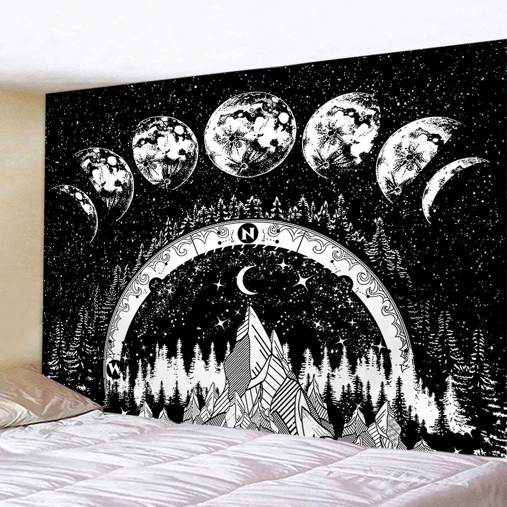 

Black And White Moon Phase Tapestry Hippie Wall Hanging Bohemian Mandala Starry Sky Mountain Tapestries Aesthetic Room Decor