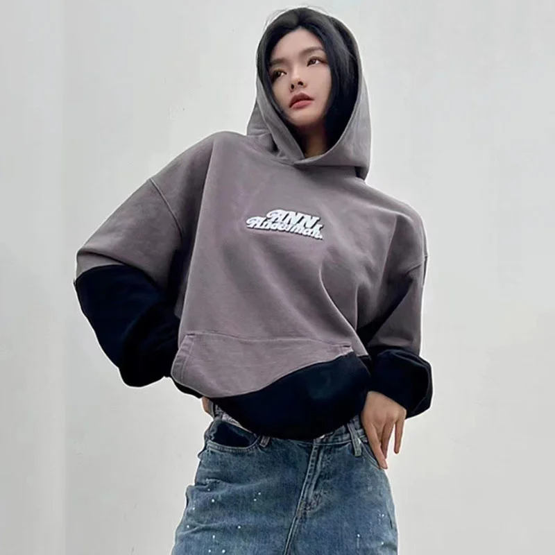 

Trend Spring New 2023 Contrast Panel Hoodie High Quality Pure Cotton Pullover Korean Fashion Long Sleeve Top Y2k Sweatshirt Traf