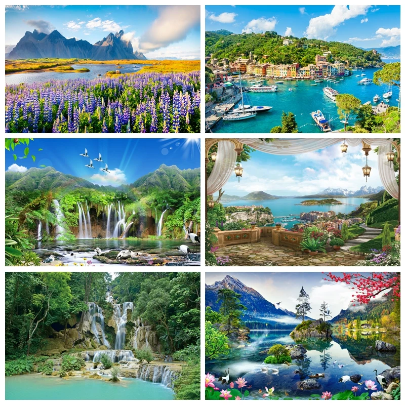 

Spring Nature Scenery Landscape Backdrops Mountain Flower Tree Forest Room Decor Photography Background Photo Shoot Photophic