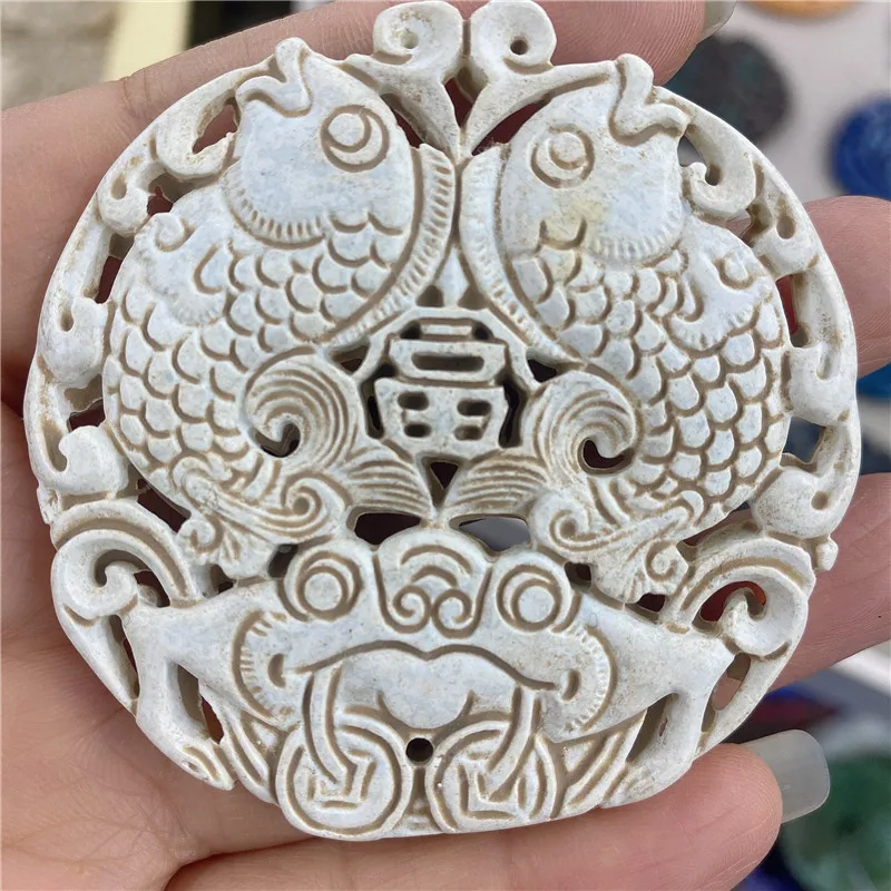 

Винтажная Китайская древняя скульптура резьба искусство двойные рыбы узор полудрагоценный Оникс Камень Кулон DIY ожерелье ювелирные издели...