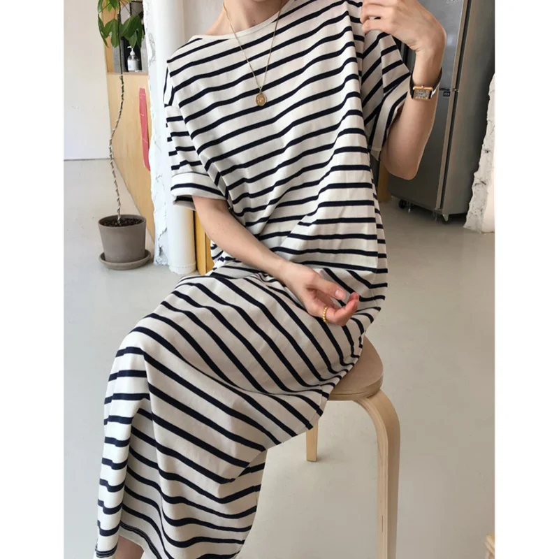 2023 Ins Hot Sale Summer Pajamas Dress for Young Women Ladies Striped Printed Long Home Dresses Korea Fashion Casual Loungewear