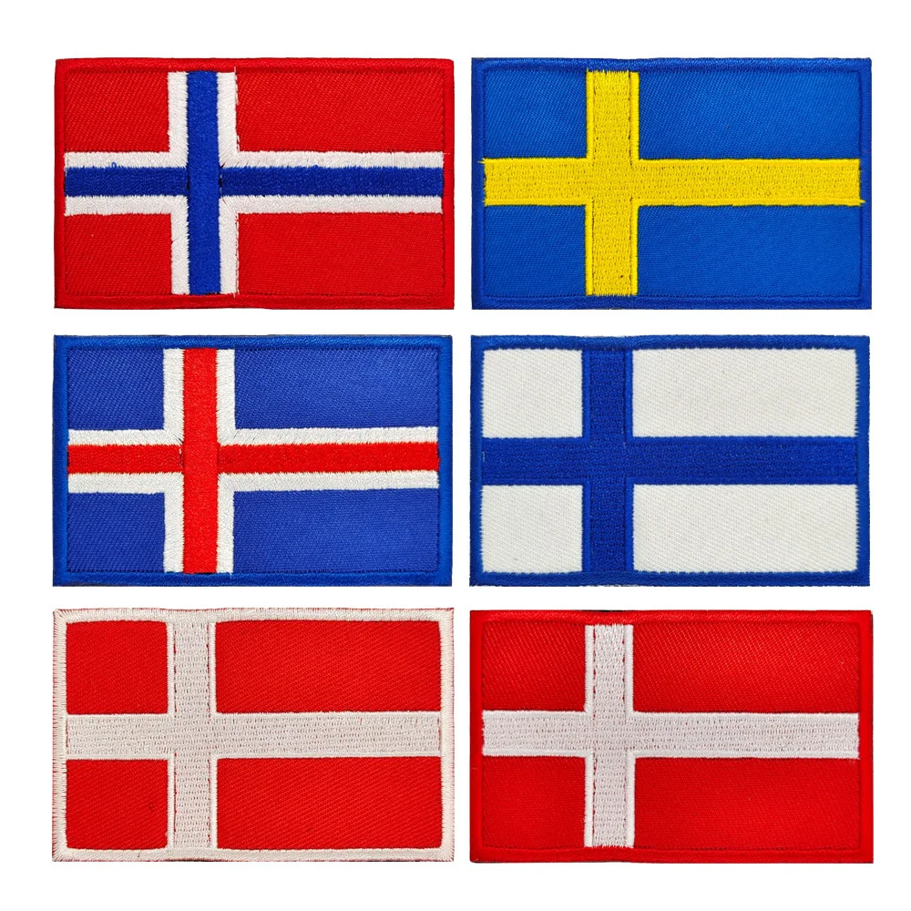 

Nordic Country Emblems Iceland Embroidered Patches Denmark Norway Finland Sweden Hook and Loop Stickers Flag Badge Accessories