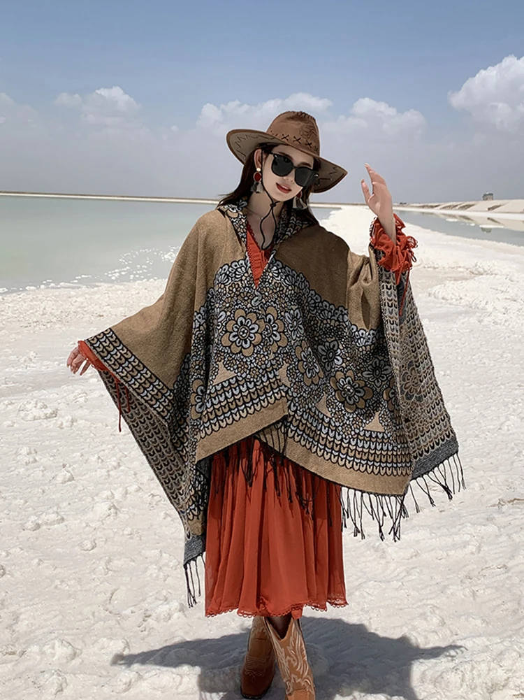 Фото GypsyLady Boho Цветочные вязаные плащи, накидки, толстовки, винтажные, толстые, теплые, Женская Бриллиантовая накидка, пончо, верхняя одежда №5