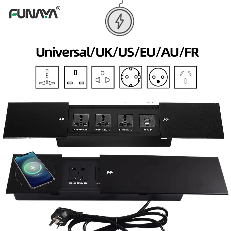 

Table Hidden Socket Embedded 2 3 Outlets with USB Wireless Charge Universal UK US EU Multi Plug 10A 110~250V 2600W Black Socket