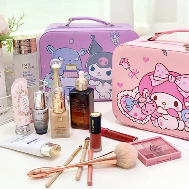 

Kawaii Sanriod аниме хобби Mymelody Kuromi Cinnamoroll Kitty Милая портативная вместительная кожаная коробка для хранения косметических чехлов