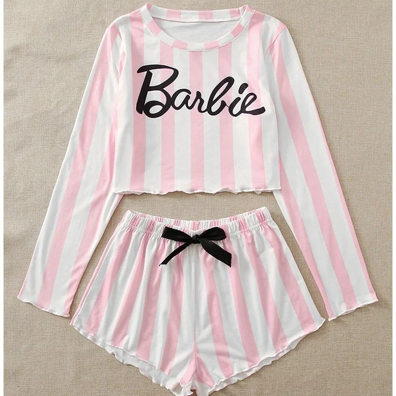 Women's Pajamas Autumn Stripe Print T-shirts Sleepwear Girls Clothes Shorts Comfortable Home Pyjama Set Woman 2 Pieces Home Wear