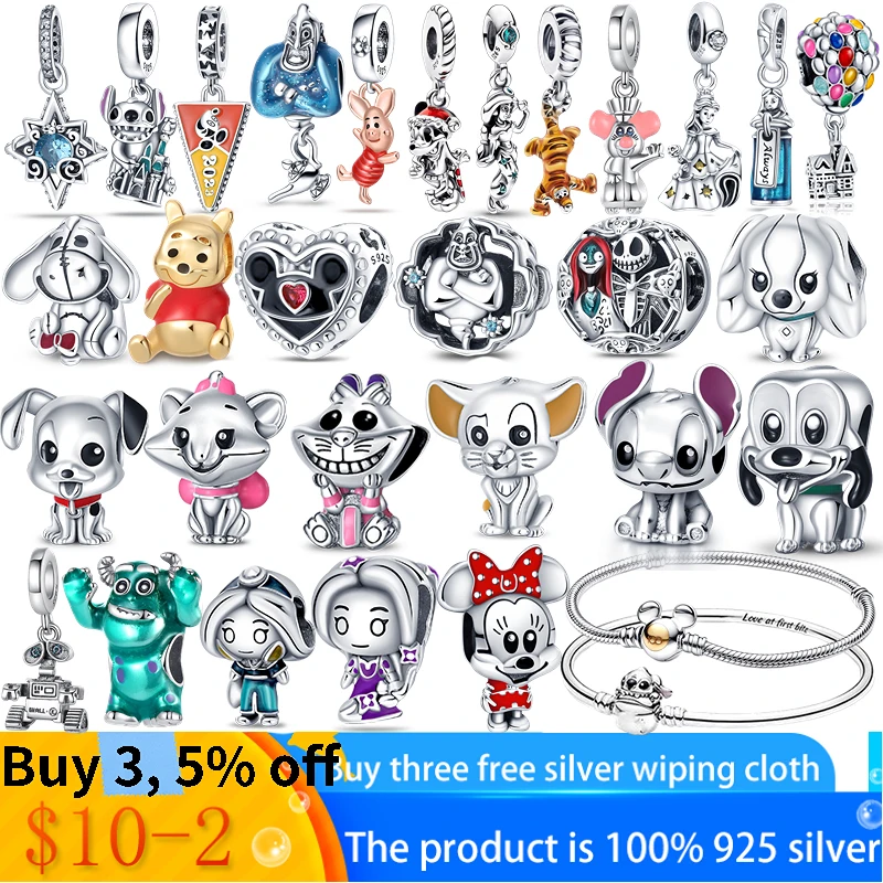 100% 925 Sterling Silver Disney Charm Charm Beads for Pulsera Pandora Women Bracelet Necklace Jewelry Jewelry Gift Wholesale