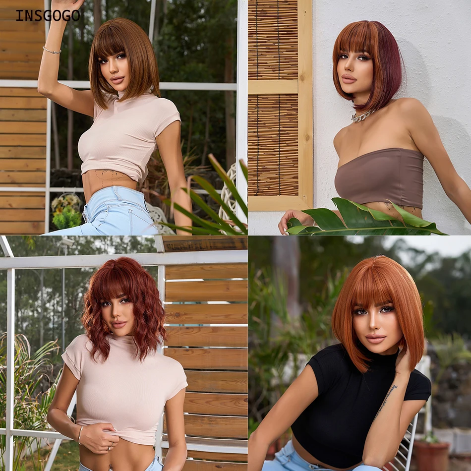 

INSGOGO Короткие афро Боб синтетические парики для чернокожих женщин коричневые смешанные блонд цвет длина плеч прямые волосы парики 2023