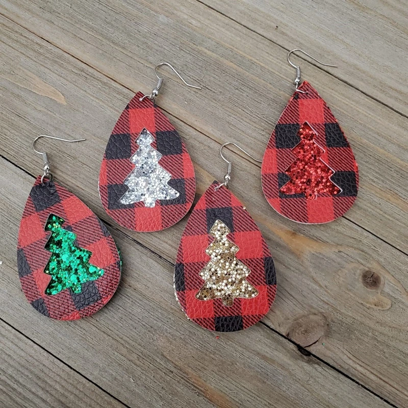 

Festive Leather Earrings Buffalo Plaid Christmas Tree Earrings Two Layers Glitter