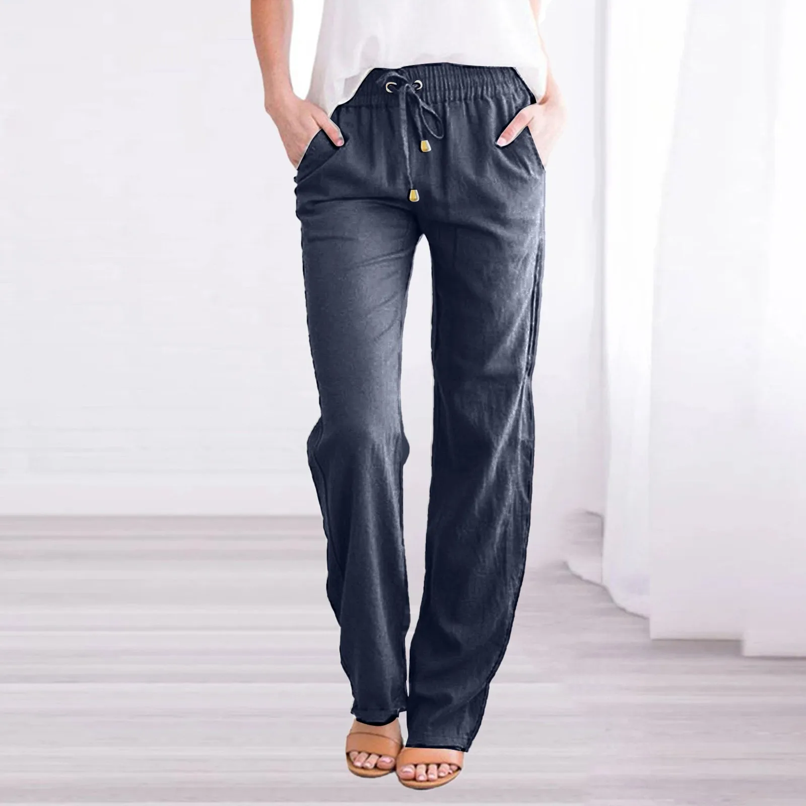Loose Drawstring Women'S Cotton Linen Pants Wide-Leg High Waist Trousers Women Korean Solid Pocket Female Stretch Straight Pants