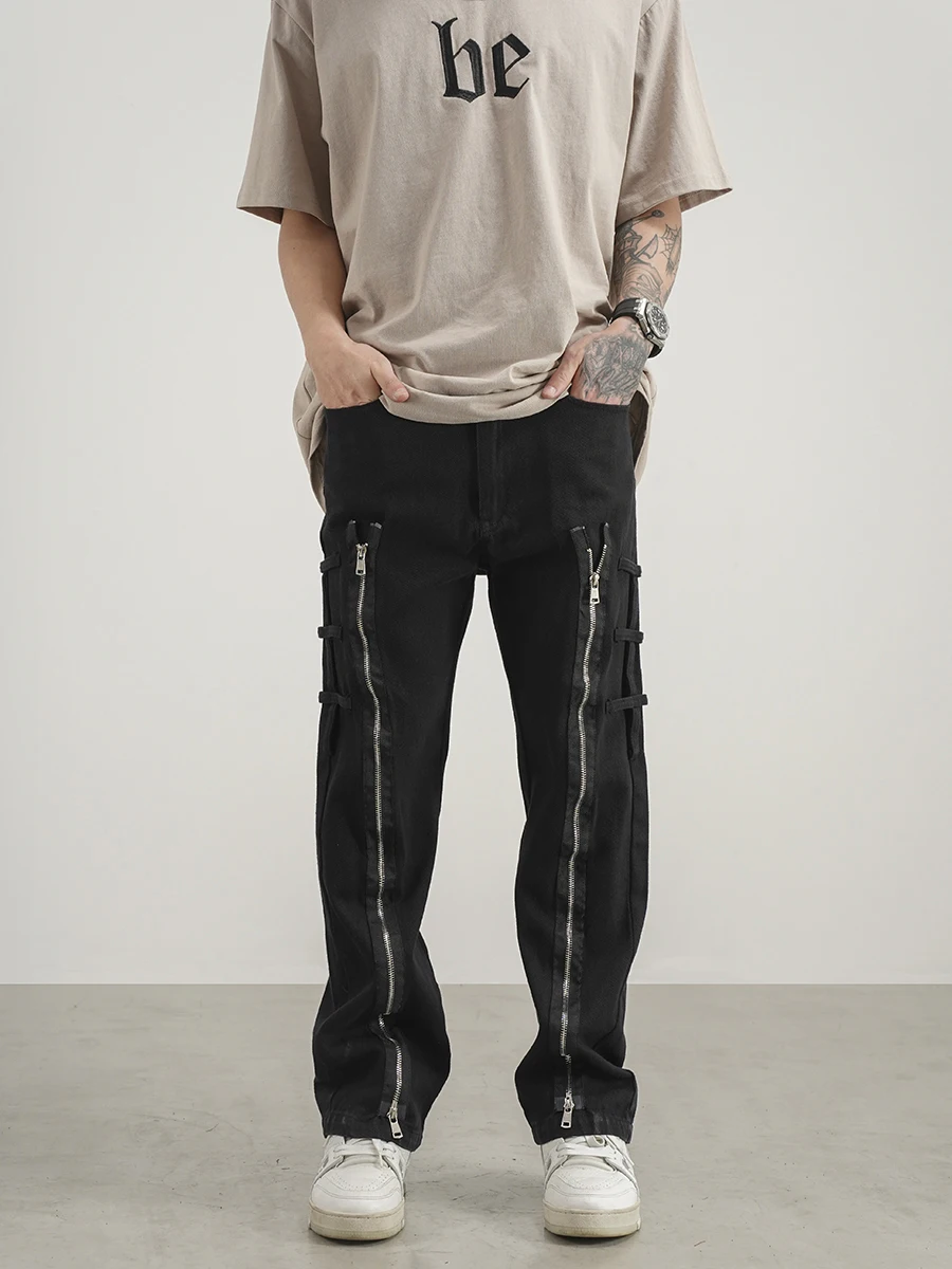 Fashion Denim Straight Jeans Mens Hip Hop Zippers Design Jeans Streetwear Pant Trousers Casual High-street Joggers Jeans Pants