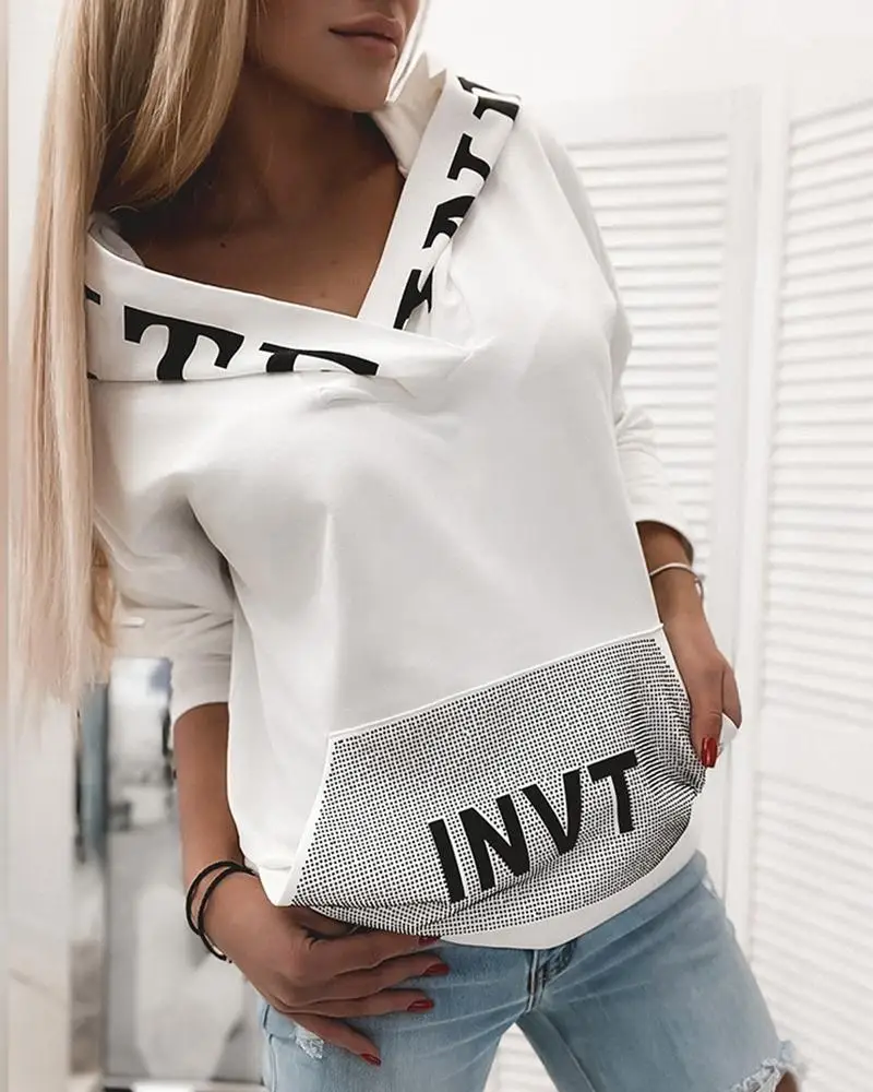 

Women Fashion Long Sleeve Casual Hooodies Hooded Tops Female Autumn Letter Print Pocket Design Hooded Top
