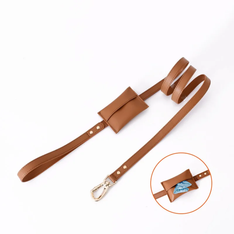 

150CM Leather Dog Leash with Poop Bag Dispenser Metal Hooks Pet Traction Rope Outdoor Dog Walking Running Leads Dogs Accessories