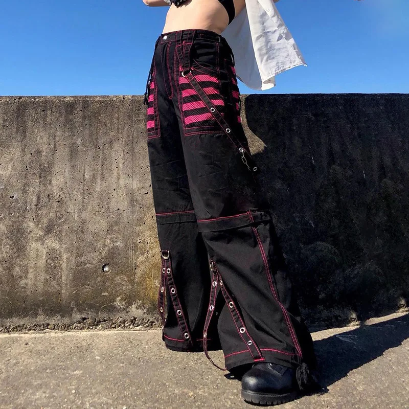 

Vintage Cool Jeans With Corn-eye Chain y2k Pants Casual Gothic Pants Contrast Striped Mesh Patchwork Wide Leg Pants Baggy Pants