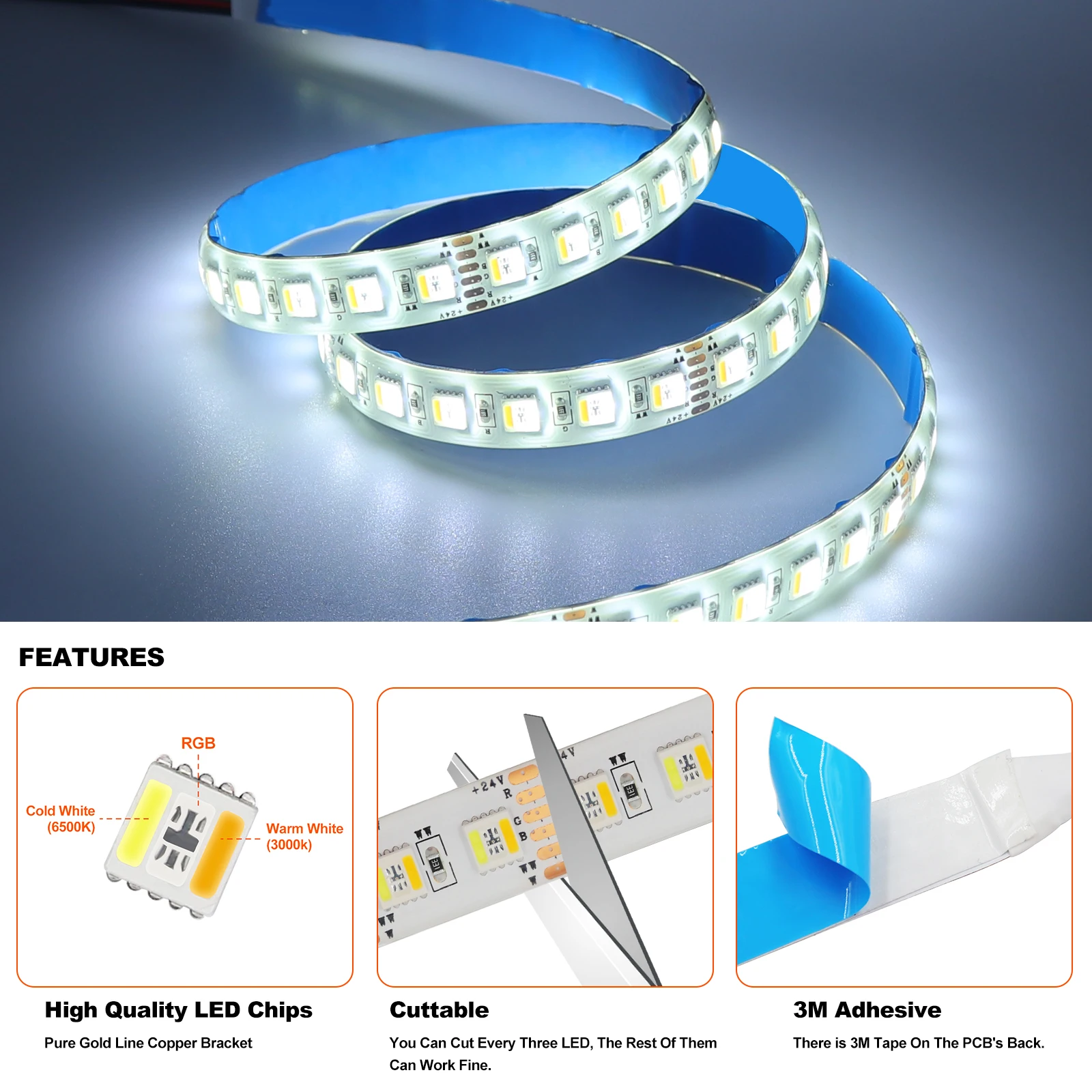 5 цветов в 1 чипе RGBCCT COB Светодиодная лента DC12V 24V 5M SMD 5050 60 96LEDs/M Гибкая клейкая IP21/IP67