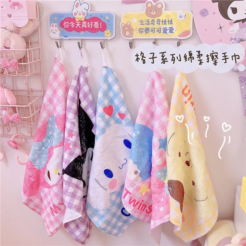 

Kawaii Sanriod Towel Kuromi My Melody Cinnamoroll Kitty Plaid Series Face Hand Towel Anime Portable Small Square Towel Children