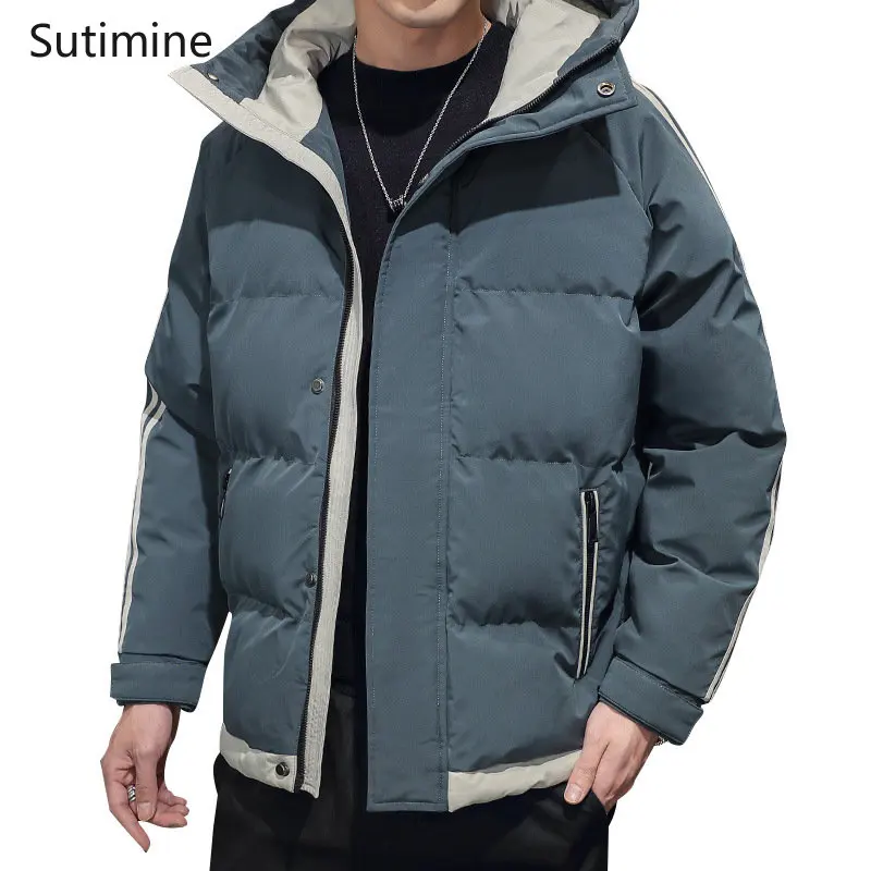 Coat Men Winter Korean Zipper Men Daily Casual Thickened Warm Cotton Padded Clothes Pockets Hooded Winter Coat Men Clothing