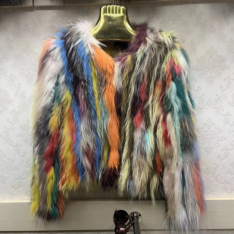 2022 Luxury Fashion Real Raccoon Dog Fur Women Coats Winter Warm Women's Cold jacket Hand Made Color Matching Streetwear Hipster