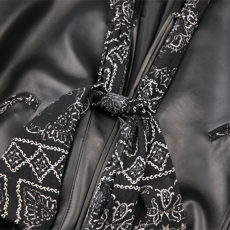 Women Leather Jackets Coats Chiffon Panel Tie Solid Dropped Shoulder Cropped Sheepskin Short Coats Elegant 2022 Autumn TF5003