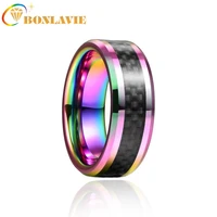 bonlavie 8mm colorful inlaid black carbon fiber tungsten carbon ring high polish rainbow rings for men good quality