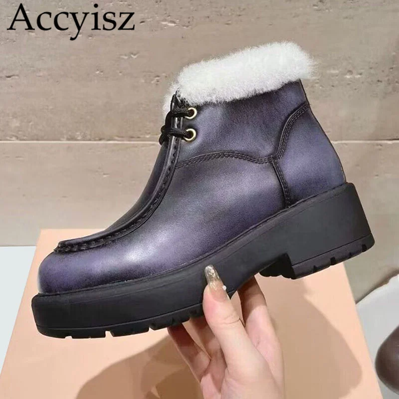 

New Thick Heel Lace Up Short Boots Women Winter Round Toe Genuine Leather Warm Wool Lining Snow Boots British Style Ankle Botas