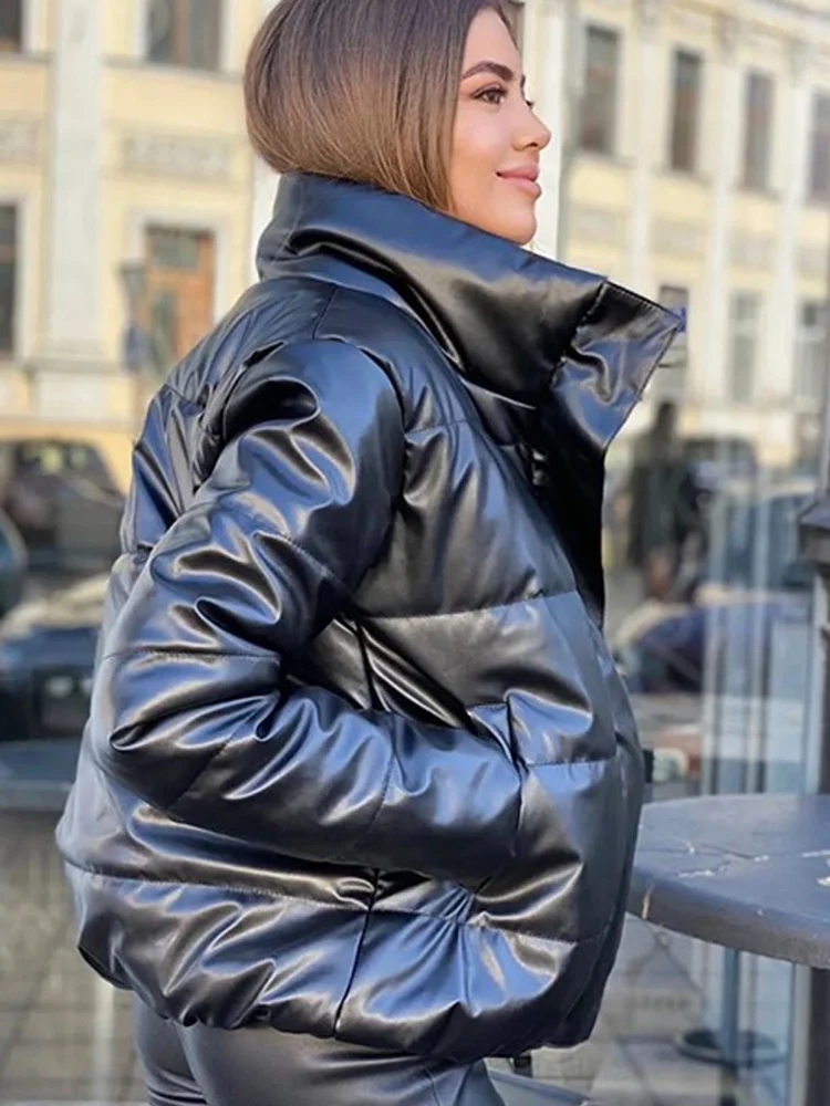 Faux Leather Women Jackets Coats Warm Thickening 2022 Autumn Winter Casual Slim Single Breasted Stand Collar Female Parkas