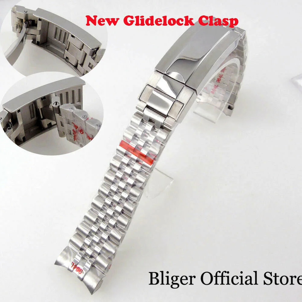 BLIGER Silver Gold Nologo 20mm width Jubilee Strap Bracelet with Slide Glide Lock Clasp 316L Stainless Steel fit GMT Watch