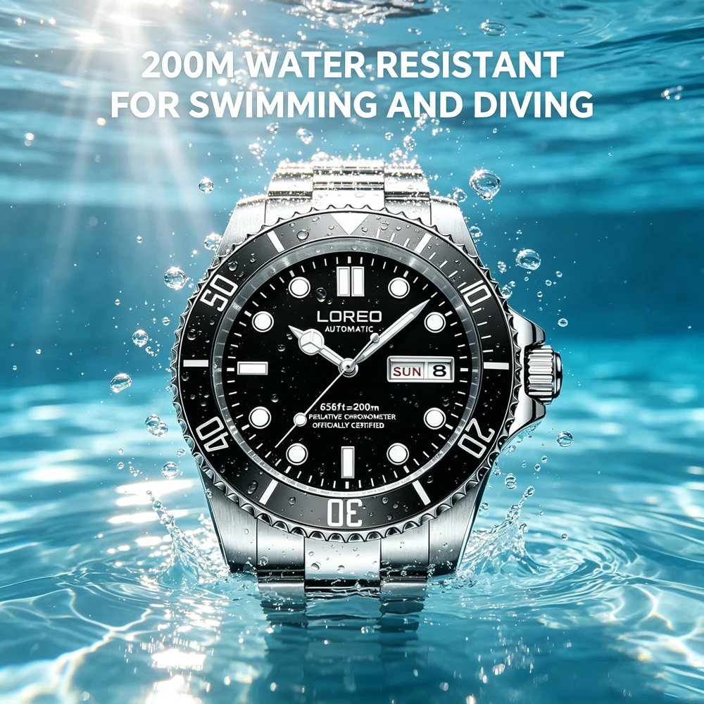 Фото Роскошные автоматические часы LOREO Diving Series для мужчин, механические часы с календарем из нержавеющей стали, водонепроницаемые до 200 м, модные повседневные часы №1