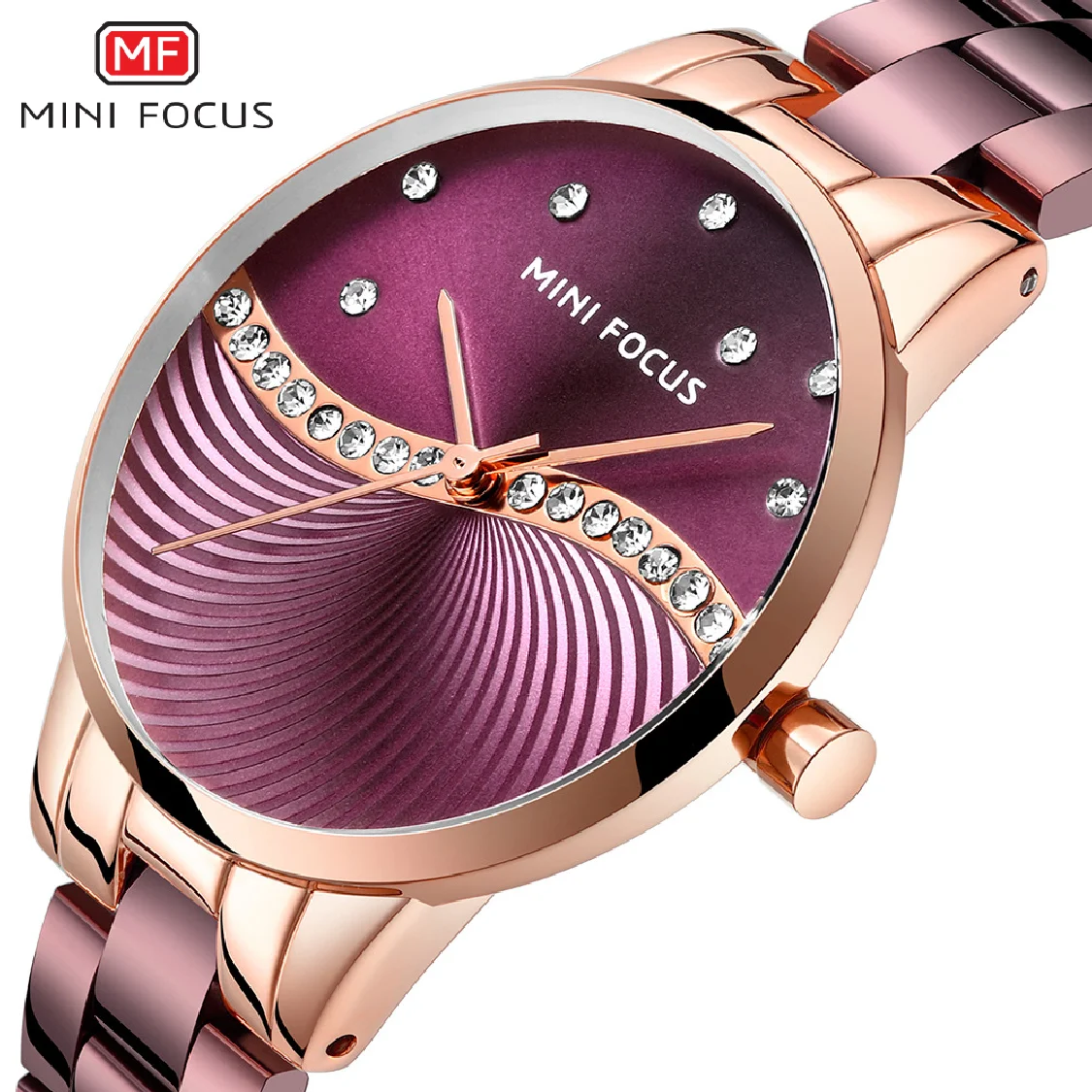 

MINI FOCUS Top Brand Luxury Fashion Women Watches Lady Purple Stainless Steel Strap Waterproof Quartz-Watches Feminine +Gift Box