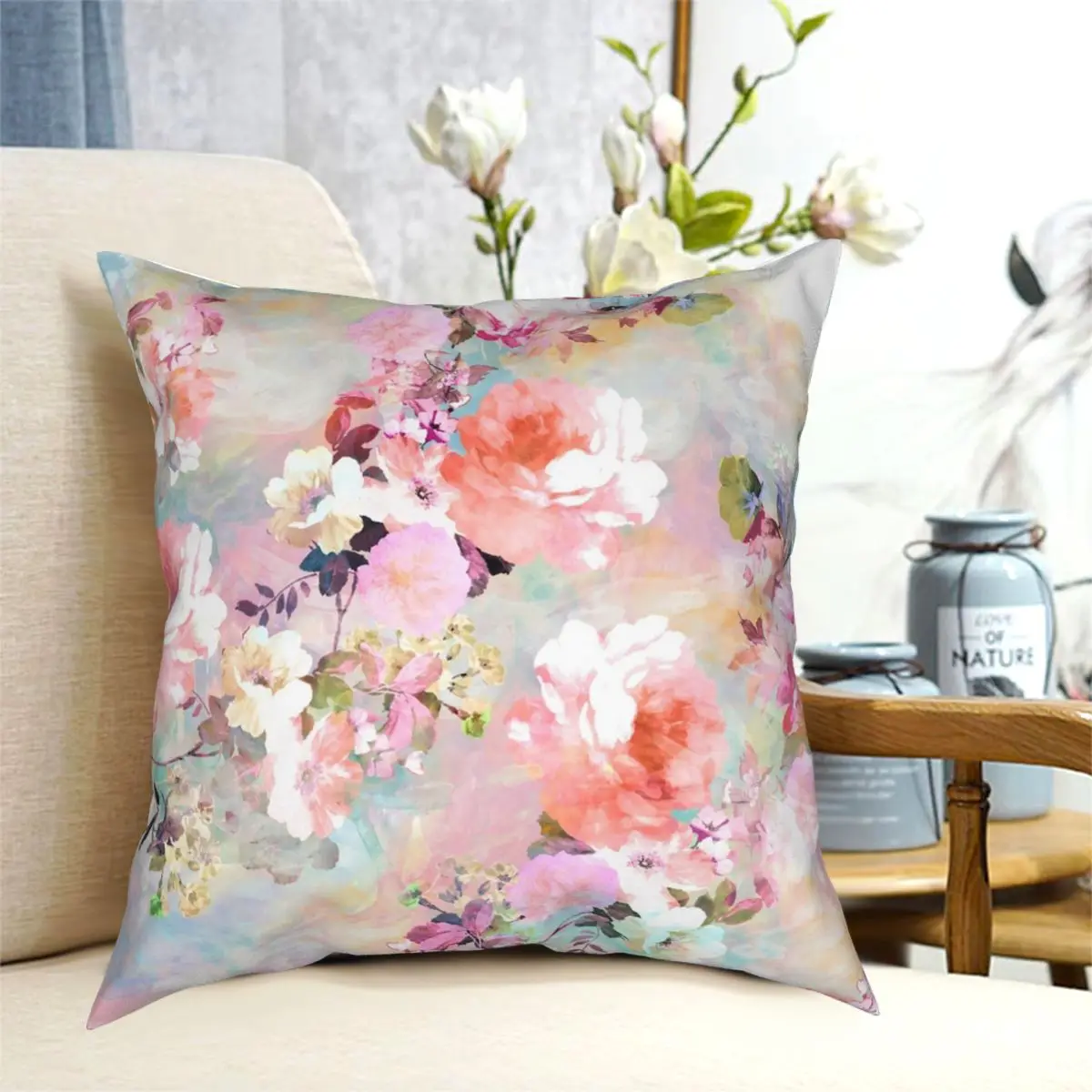 

Romantic Pink Teal Watercolor Chic Floral Square Pillowcase Polyester Creative Decor for Home Cushion Cover
