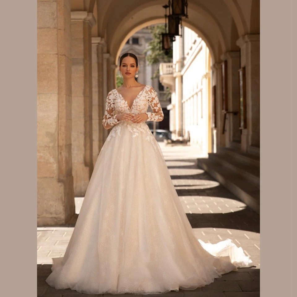

Sexy V Neck Lace Wedding Dresses For Women A Line Long Sleeves Bridal Gowns Backless Applique Glitter Tulle Vestidos De Novia