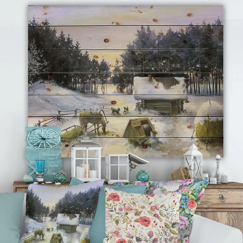 

Covered In Snow With Winterscene' Country Print on Natural Pine Wood