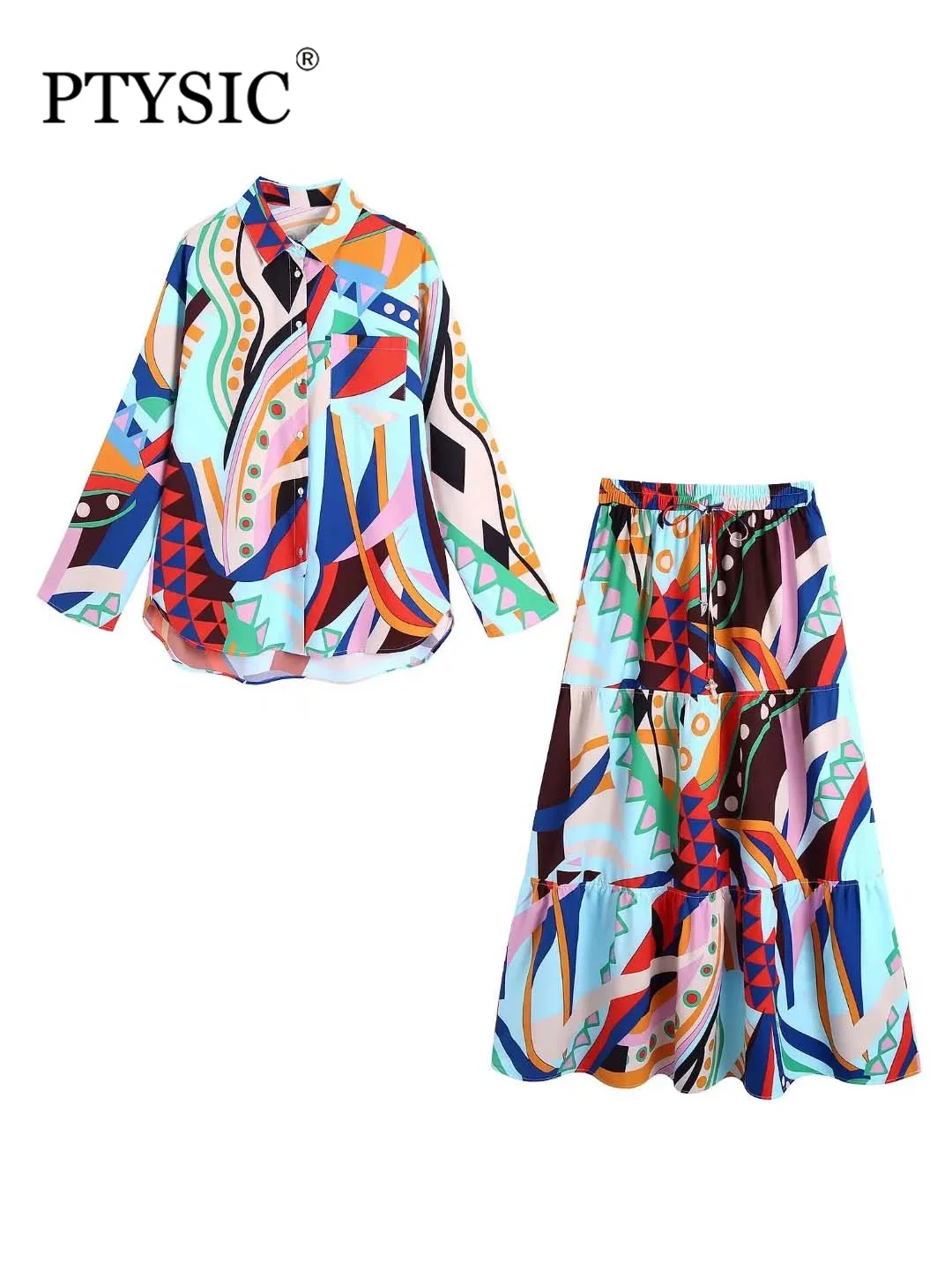 

PTYSIC Women Fashion Print Asymmetrical Full Sleeve Shirts Patchwork Jewelry Tied A-LINE Skirts Casual Two Piece Co-Ords Sets