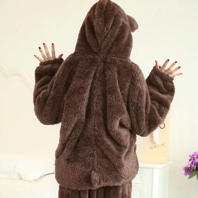 Velvet Pants Home Wear Winter Pajamas for Women Flannel Thick Warm Cartoon Bear Nightwear Adult with Hood Girls Lounge Set