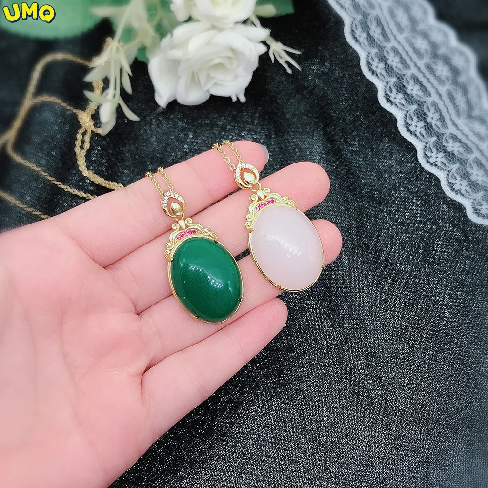 

Inherit the craft 24k color Copy 100% Real Gold 999 pendant imitating Hetian jade chalcedony 999 inlaid necklace Jewelry