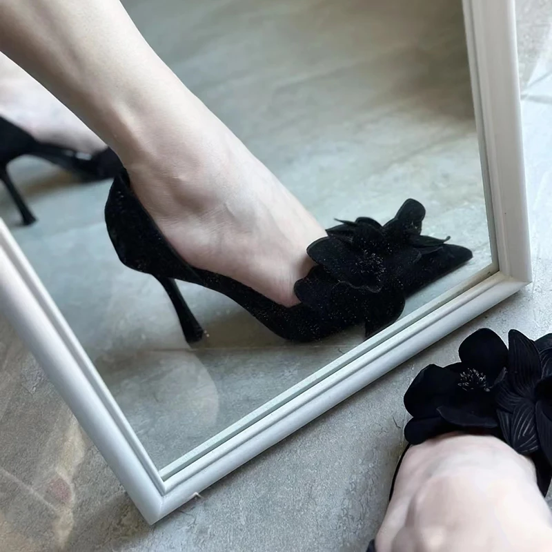 Spring and summer new suede flower hollow sexy pointed sandals thin high heel banquet dress versatile fashion women single shoes