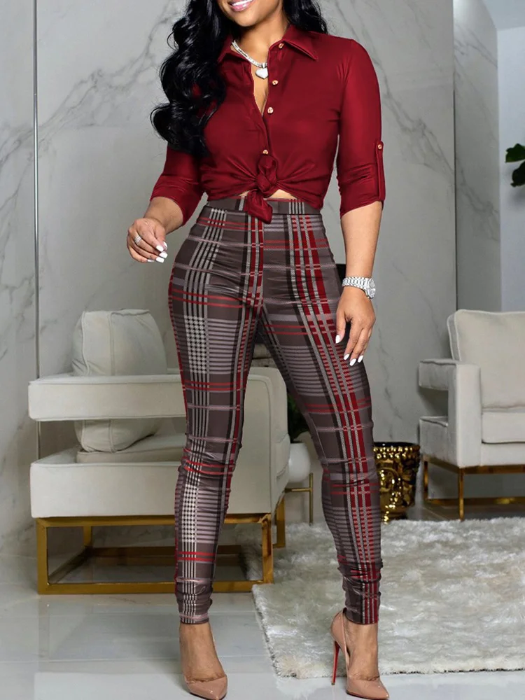 

Seedtotree Long Sleeve Button Down Shirt Tops & Plaid Pants Set