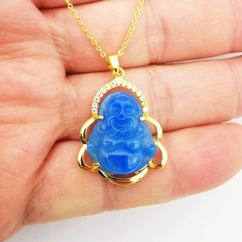 Подвеска 21x28 мм инкрустированная камнем синяя Буддой Амулет из циркония