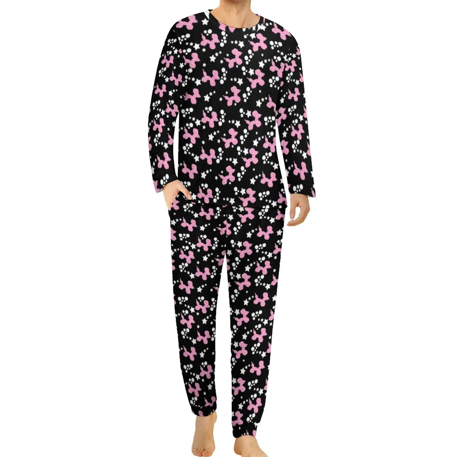 Pink Balloon Dogs Pajamas Autumn Stars Print Casual Sleepwear Men 2 Piece Custom Long-Sleeve Trendy Oversized Pajama Sets