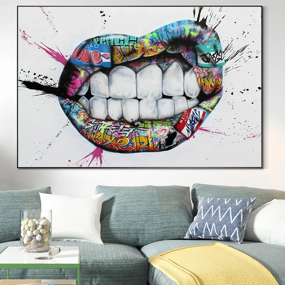 

Fashion Teeth Lips Paintings Print On Canvas Abstract Street Art Posters Wall Picture For Living Room Home Decor Cuadros
