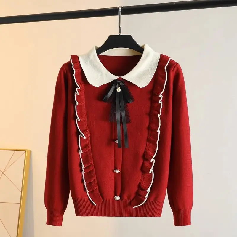 Пуловер с узелком-бабочкой и оборками по краю короткий базовый свитер облегающий