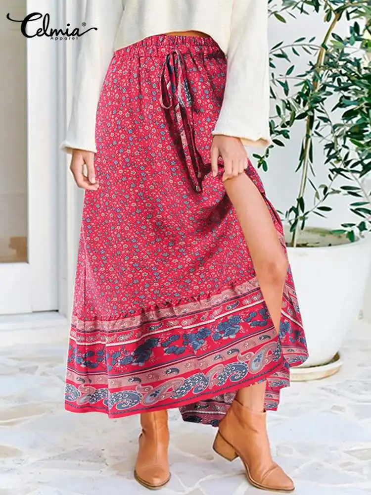 

Elegant Floral Printed Maxi Skirts Celmia 2022 Fashion Elastic Waist Lace Up Long Skirt Women Ruffled Hem Bohemian Holiday Jupes