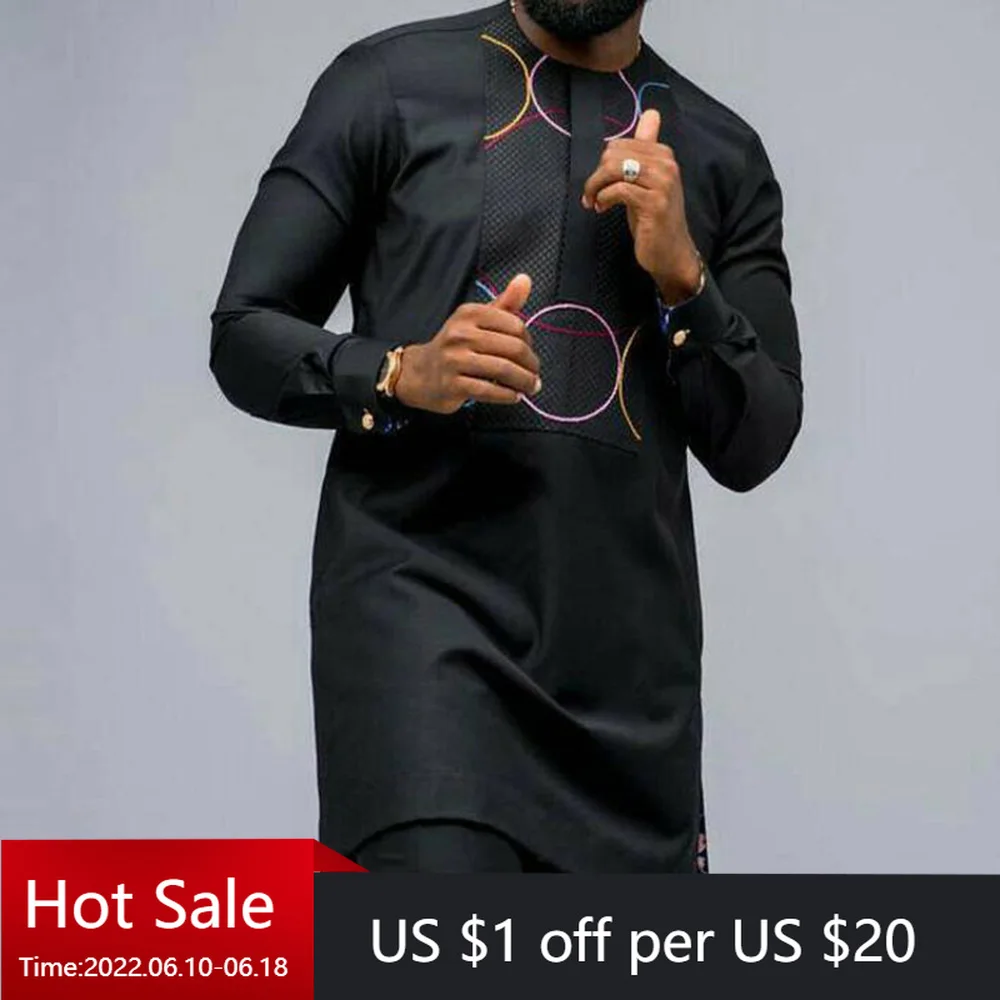 

Fashion Ethnic Style Black Printing Long-length African Dashiki Men's Shirt Camisas Male Shirts Chemise Homme New 2022