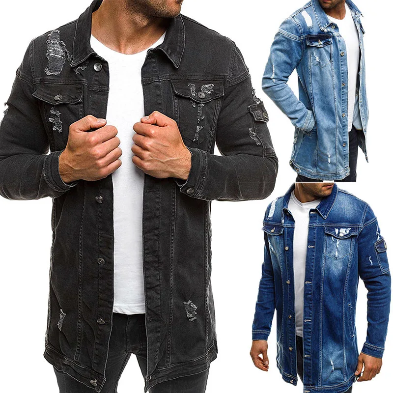 

2022 Spring and Autumn New Mid-Length Ripped Denim Jacket Men's Denim with Hole Beggar Jacket Men mens clothing